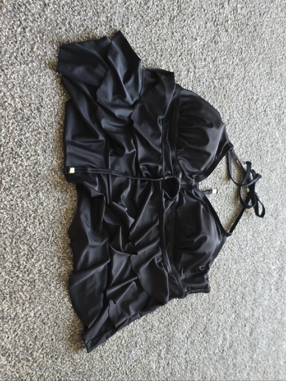 Black Halter Swim Top With Curtain Layering